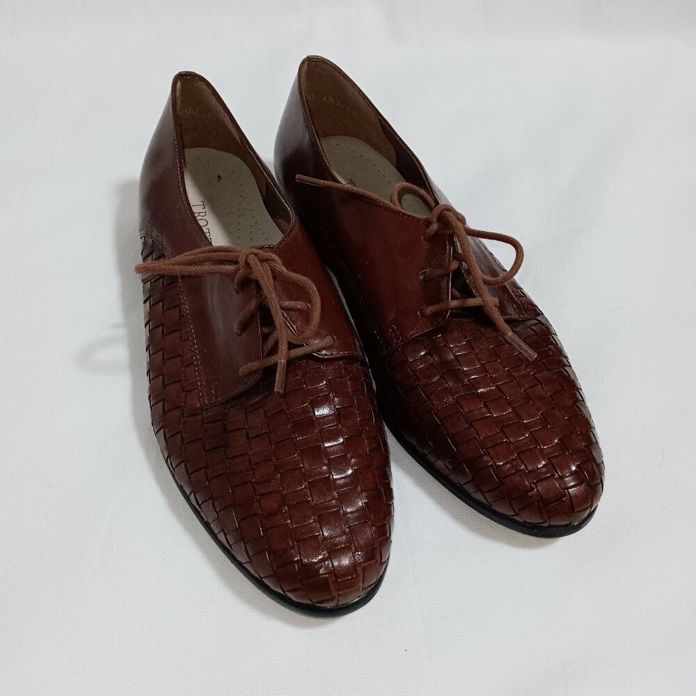 Trotters Women's Lila Brown Leather Basket Weave Oxford Shoes sz 8M